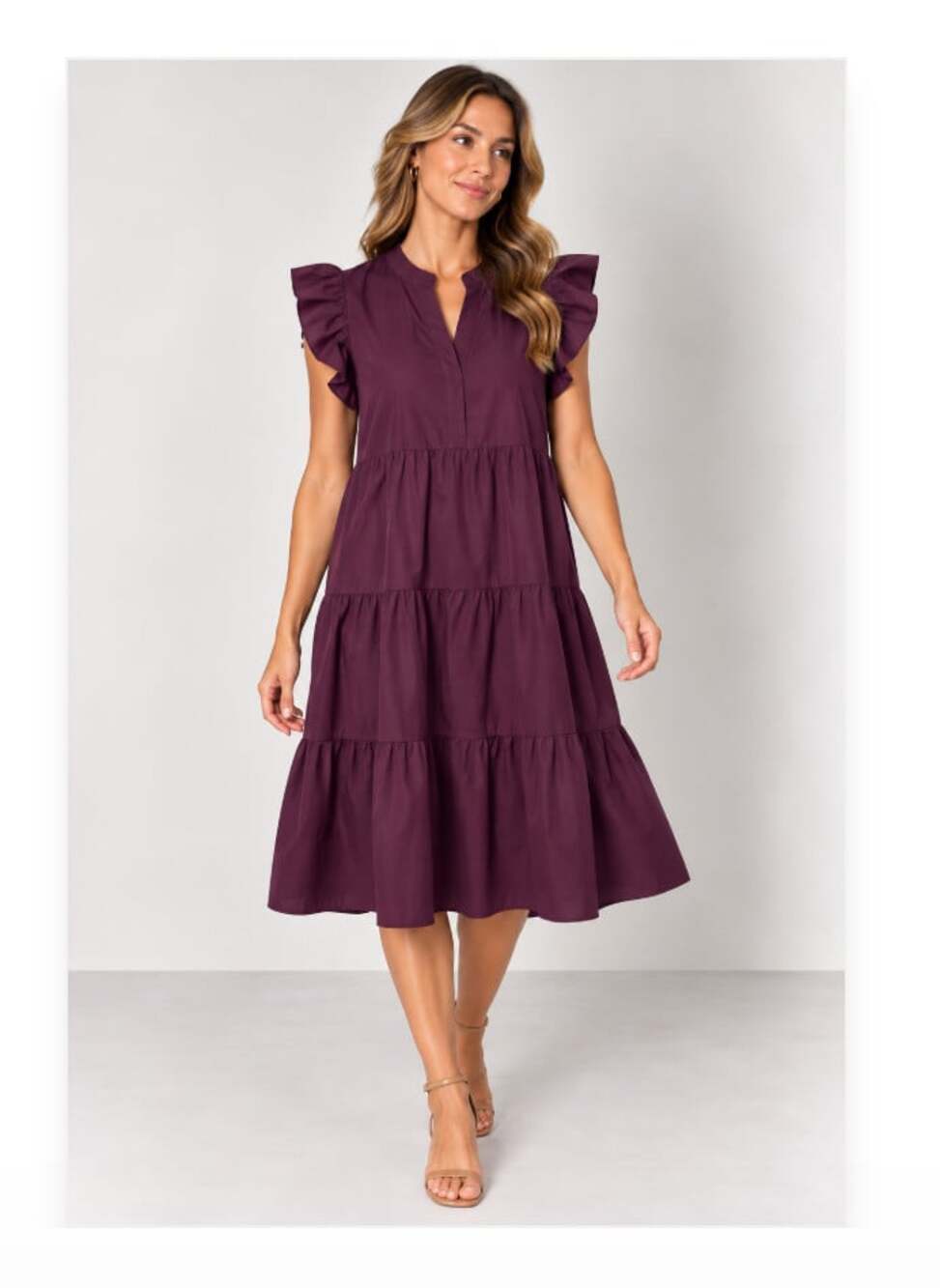 Entro Dress Womens L Purple Ruffle Tiered Flutter Sleeve Trapeze Midi